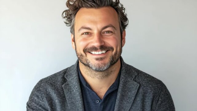 A man smiling at the camera with a graying beard and mustache, wearing a dark shirt and light jacket. He has short curly hair and appears to be middle-aged.