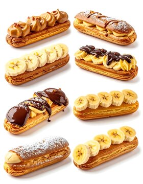 Assorted Eclair Pastries with Banana and Chocolate Toppings.