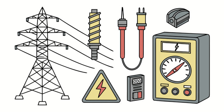 Electrical infrastructure and testing equipment set featuring transmission pylon high voltage sign probes diagnostic voltage meter, electricity