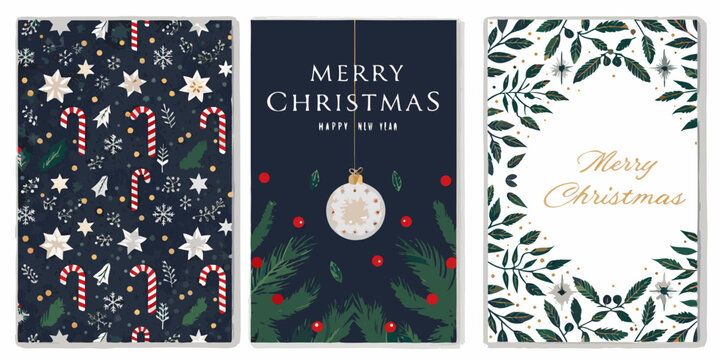 Christmas floral ornament pattern with candy canes vector illustration set