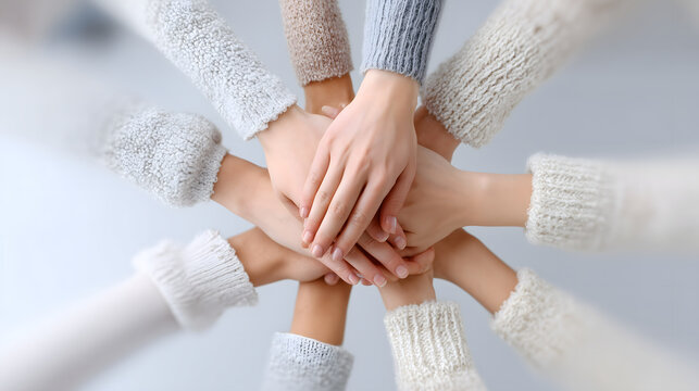 Top down macro shot showing diverse hand stack representing strong teamwork, trusting connection, and warm unity in cozy knitted sweater