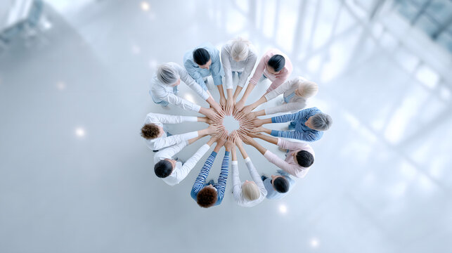 Top down view of diverse business team standing in circle with multiple hand stack expressing supportive united confident emotion