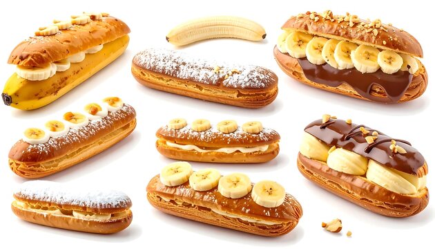 Assorted Eclair Pastries with Banana and Chocolate Toppings.