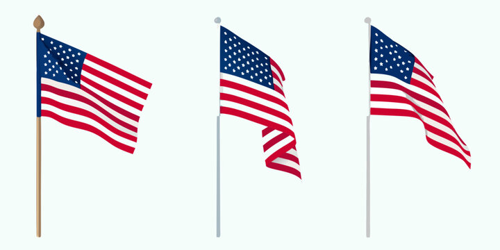 American Flags Waving On Poles Realistic 3d Render Collection