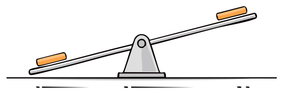 Conceptual balance of simple seesaw with blocks, showing imbalance and teetering objects in linear illustration style