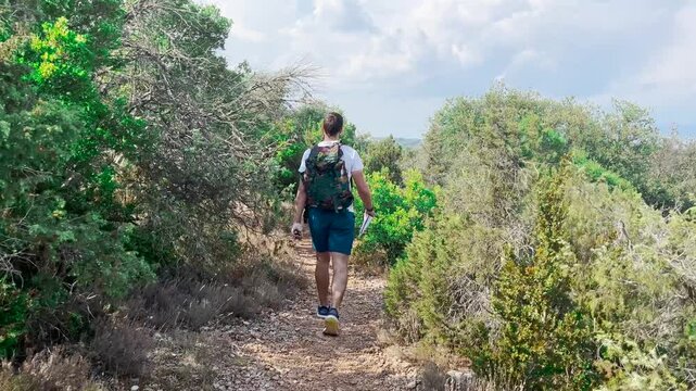 Randonneur qui progresse sur un sentier naturel entourn&eacute; de plantes sauvages
