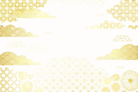 Gold Cloud And Floral Ornament Pattern On White Background