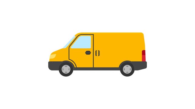Side view of an animated yellow delivery van vehicle driving on isolated white background loop video