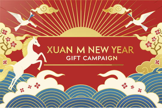 Floral ornament with horse and cranes vector illustration in red and gold