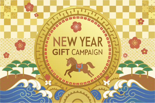 Japanese new year illustration with horse waves and floral ornament