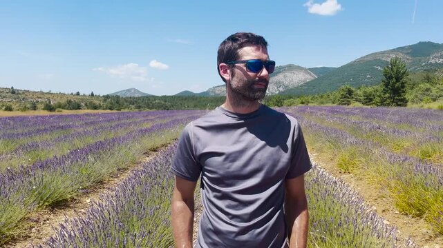 Homme qui se balade dans un champ de lavande en fleurs sous un soleil radieux