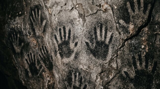 Ancient prehistoric hand stencils painted on a rough cave wall by early humans to symbolize history and human existence