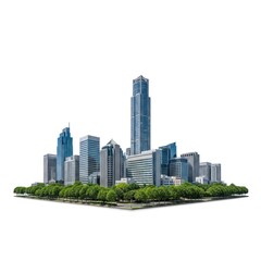 Fototapeta premium Modern Cityscape with Lush Green Trees and Tall Skyscrapers.