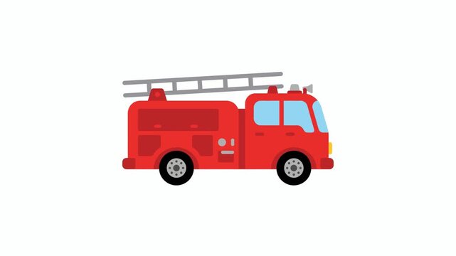 Side view of an animated red fire truck driving on isolated white background loop video
