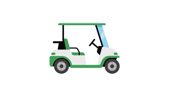 Side view of an animated green golf cart driving on isolated white background loop video