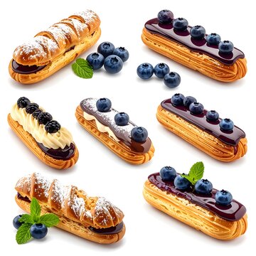 Assorted Eclair Pastries with Blueberries and Cream.
