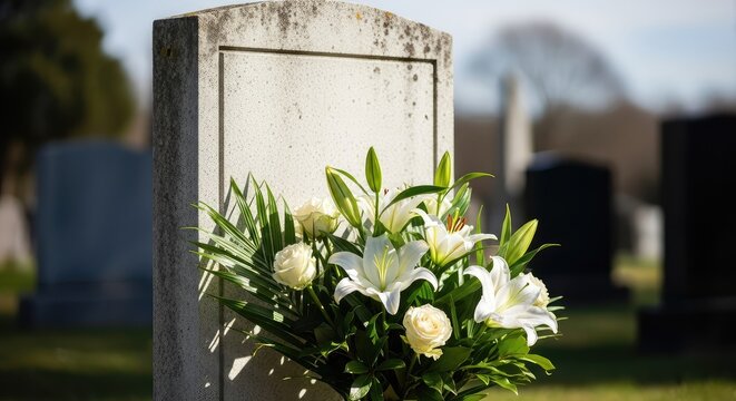 A peaceful stone tombstone adorned with fresh white lilies and roses under soft daylight in a quiet cemetery during a day of remembrance, arrangement, offering, blossoms