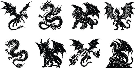 Mythical dragon silhouette collection featuring traditional Chinese serpents and winged western fantasy monsters for graphic design © Rahen