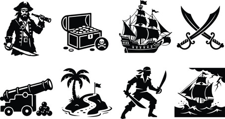 Pirate adventure icon set featuring silhouettes of captains sailing ships treasure chests cannons crossed swords and tropical islands © Rahen