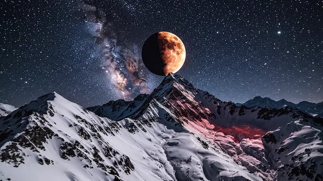 Total Lunar Eclipse Above Snow Covered Mountains Under a Crystal Clear Starry Night Sky
