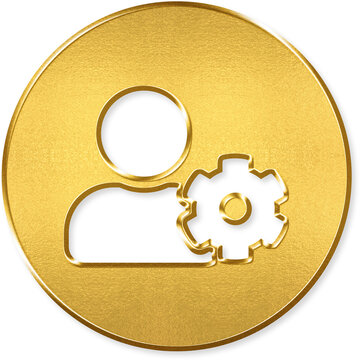 User settings cog icon with gold metallic 3D coin badge for user settings, cog configure, manage account, profile preference, gear admin on transparent background