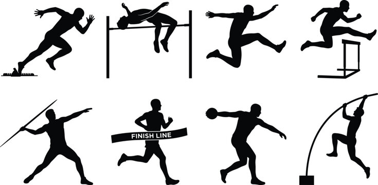 Track and field athletes black silhouettes vector icon set featuring sprinting high jump hurdles javelin and pole vault