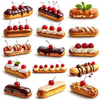 Assorted Eclair Pastries with Fresh Cherries and Cream.