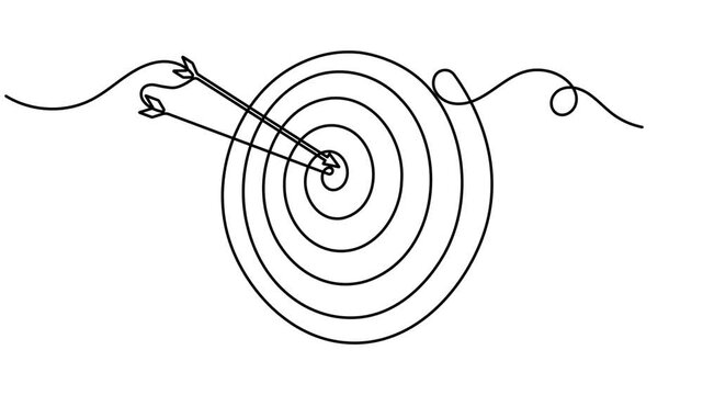 Bullseye target with two arrow icon sign continuous one line drawing on white background minimalist single art business performance and strategy solution symbol 4k animation video