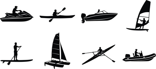 Water sports and boats black silhouettes vector icon set featuring jet ski kayak speed boat windsurfing catamaran and paddleboard © Rahen