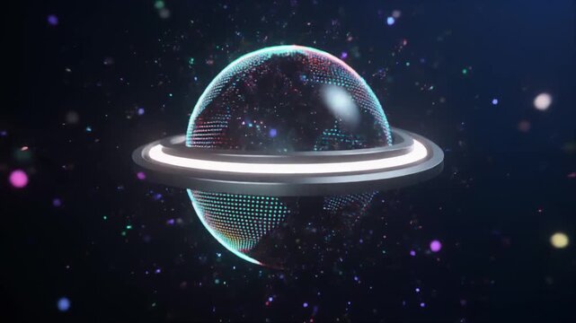 Sphere animation spins digital planet models. Neon tracking ring systems loop cyber global paths. High tech wireless communication meta data charts map satellite nets.
