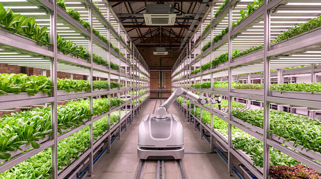 Automated robot tending hydroponic vegetable plants in modern indoor vertical farm
