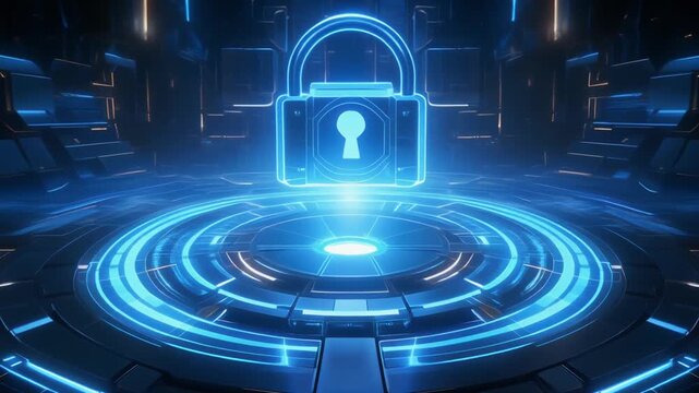 Padlock security animation glows in digital tech space. Advanced protection telemetry shields network profiles. Cyber safety vector graphics track secure data assets.