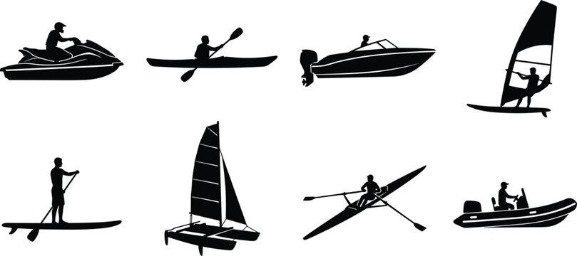 Water sports and boats black silhouettes vector icon set featuring jet ski kayak speed boat windsurfing catamaran and paddleboard