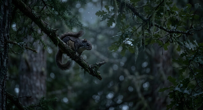 Squirrel perched on a tree branch in a dark forest