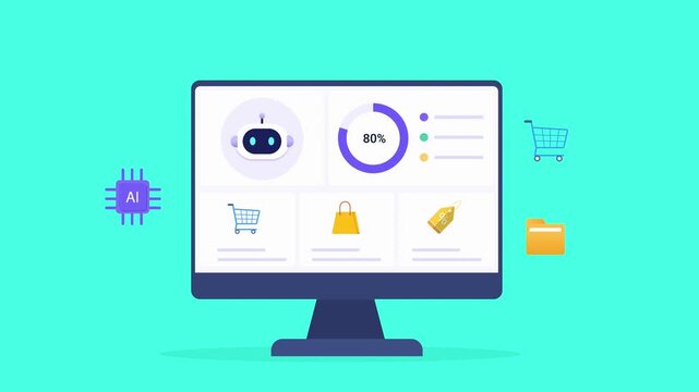 Modern flat vector animation of an AI ecommerce dashboard on a desktop monitor with shopping cart, payment, notification, and progress widgets. Ideal for online shopping, retail, and technology projec