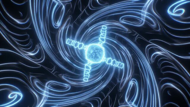 Bright animation swirls blue atomic particle structures. Cosmic stardust clouds trail abstract vortex nebula fields. Quantum physics equations drive energetic light lines.