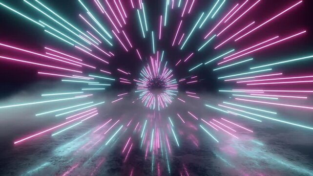 Neon light speed tunnels guide fast particle flow paths. Vibrant pink teal light rays streak across dark voids. Creative velocity channels loop infinite corridor graphics.