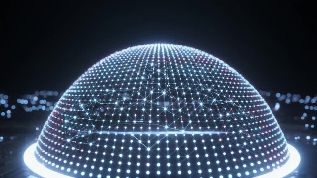 Network dome graphics wire artificial intelligence charts. High tech computer circuit boards matrix server layouts. Cyber information models loop system file directories.