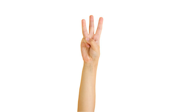 Child hand showing three fingers gesture isolated on transparent background. Counting symbol for number three, education, instruction, communication and visual concepts.Hands show three counts	

