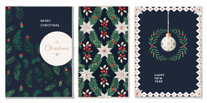 Holiday Floral Ornament Pattern Set Watercolor Style Greeting Cards