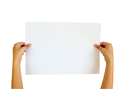 Child hands holding blank white sheet isolated on transparent background. Empty paper mockup for announcements, advertising, presentations, education and creative design.