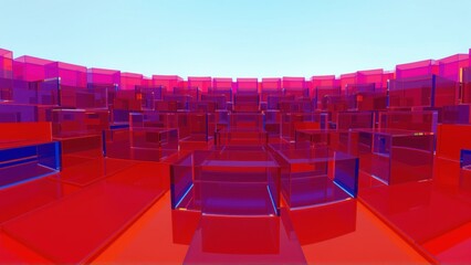 Obraz premium Abstract cubic landscape. Red, blue hues dominate. Reflections create depth, symmetry. Minimalist digital art composition.