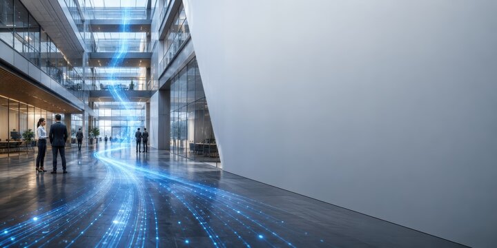 AI Data Stream Through Modern Office Atrium
