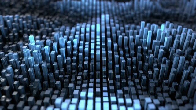 Geometric animation arrays three dimensional digital cubes. Space light vectors pulse blue across matrix structures. Creative structural graphics loop modern vector charts.