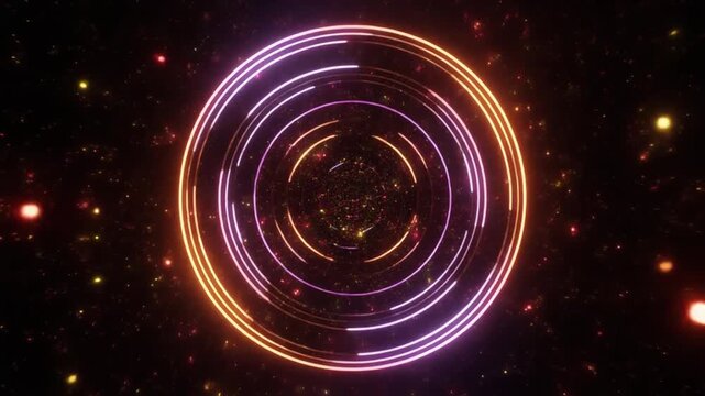 Space galaxy animation loops neon tunnel ring paths. Cosmic bokeh star networks circle shimmering stardust fields. Deep interstellar universe voids map celestial tracking charts.