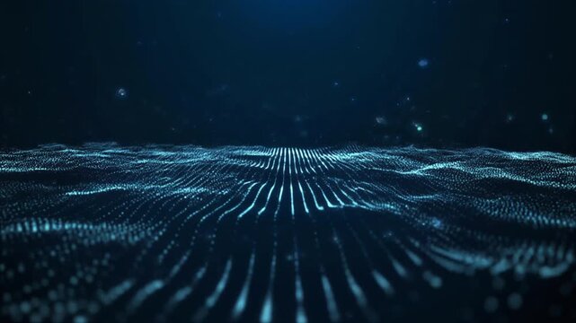 Animation waves blue digital particle tracks. Electronic audio waveform curves path abstract data tracks. Technical digital database matrix information links loop clean files.