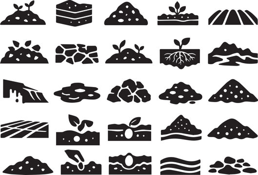 Premium Black Soil Silhouette Icon Set with Fertile Ground, Layered Earth, Compost, Erosion and Agricultural Soil Vector Collection