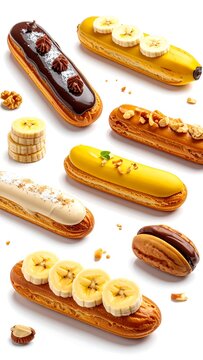 Assorted Eclairs with Banana and Nut Toppings.