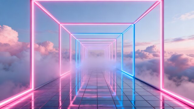 Neon cube corridor above clouds