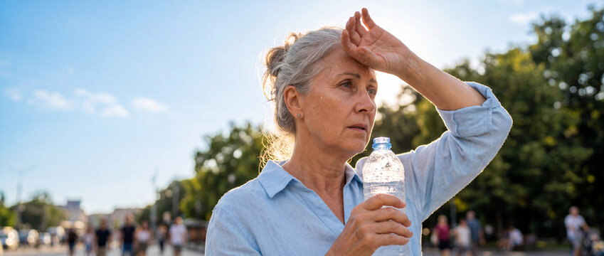 Elderly woman feeling the heat and wiping sweat from her forehead while holding a water bottle, representing discomfort and the need for hydration during hot weather